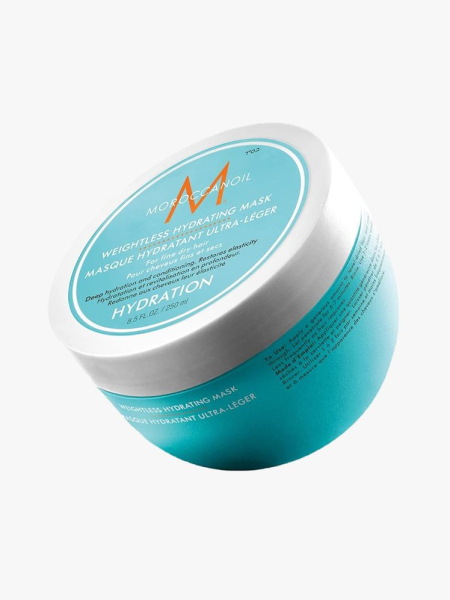 Moroccanoil Weightless Hydrating Hair Mask turquoise jar on light gray background